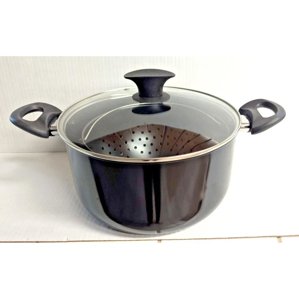 Easy Strain Pot Tilt Non-Stick Cookware 3-pc Black Clear Steam Release Lid NEW